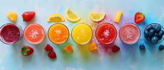 Colorful fruit smoothie featuring a rainbow of vibrant hues in a glass with a straw.