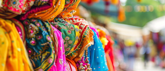 Lively Indian celebration with bright hues of orange, pink, and yellow adorning the festival area.