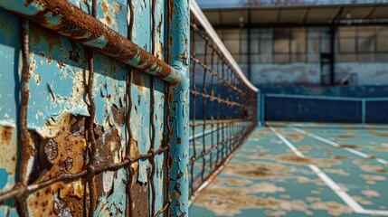 A rusted tennis court gate with peeling paint, a silent sentinel to bygone matches and tournaments,