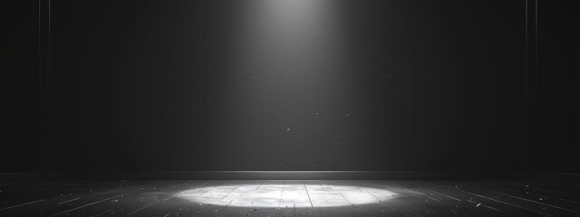 Black empty podium scene with spotlight for product presentation. Dark background with metal wall and round stage platform in studio room. Abstract modern technology showcase space concept - obrazy, fototapety, plakaty