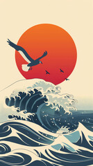Stylized illustration of birds flying over ocean waves against a large sunset