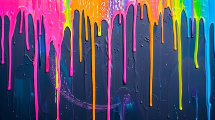 various bright vibrant fluorescent colors paint dripping over wall
