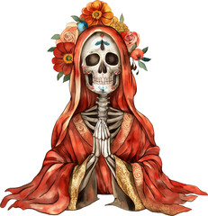 A skeleton wearing a red dress and a flower headdress ,transparent background