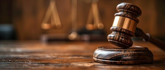 Judicial Balance: Gavel and Scales of Justice. Concept Legal system, Court proceedings, Judicial ethics, Legal representation, Courtroom decorum - obrazy, fototapety, plakaty
