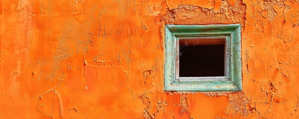 Weathered turquoise window frame on an orange textured wall