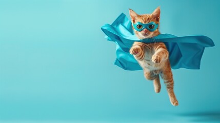A superhero cat, adorned in a blue cloak and mask, leaps gracefully across a light blue backdrop