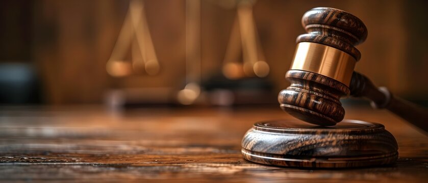 Judicial Balance: Gavel and Scales of Justice. Concept Legal system, Court proceedings, Judicial ethics, Legal representation, Courtroom decorum
