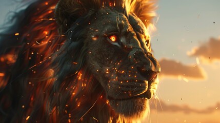 Cybernetic lion, mane flowing with light fibers, closeup of its roar, amber eyes, against savannah sunset, powerful