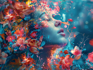 A woman is surrounded by flowers and her face is visible