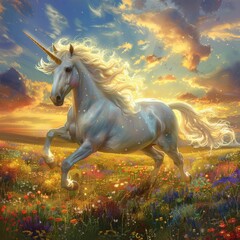 Enchanted unicorn galloping across a meadow filled with rainbow flowers, under the golden light of a sunset sky