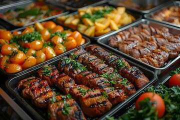 Elegant Catering Spread with Succulent Grilled Delights. Concept Catering Display, Grilled Delights, Succulent Cuisine, Elegant Presentation, Food Photography