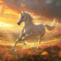 Enchanted unicorn galloping across a meadow filled with rainbow flowers, under the golden light of a sunset sky