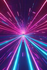 Highspeed wireframe trains intersecting, station perspective, streaks of light in magenta and cyan, modern and clear