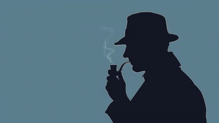 Minimalist silhouette of a detective with a pipe and hat against a stark, solid color background