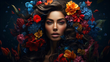 A woman is surrounded by flowers and her face is visible