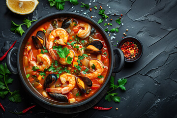 Rustic seafood soup with fresh bread on dark background