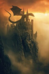 Majestic dragon perched atop an ancient castle, shrouded in mist under a triplesunrise sky - obrazy, fototapety, plakaty