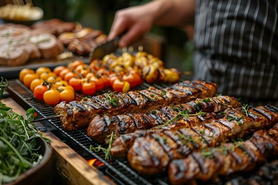 Savory BBQ Feast at Catered Event. Concept BBQ Catering, Outdoor Event, Savory Menu, Grilled Delights, Food Photography