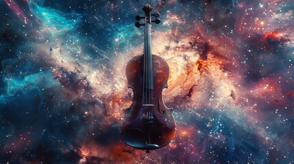 Violin with cosmic strings, galaxy swirl body, floating in starlit space, vibrant nebulas in the background, whimsical and clear - obrazy, fototapety, plakaty