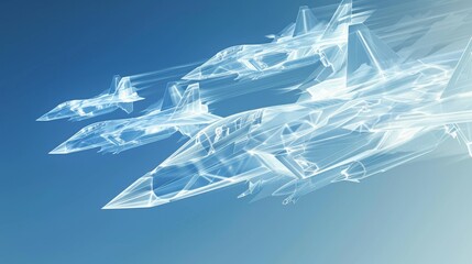 Wireframe fighter squadron in formation, cloud level, sharp turns, sleek silver and blue lines, clear blue sky, detailed