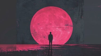 Silhouette of a person standing before a large pink moon