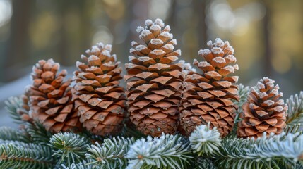 Frosted pine cones on fir branches