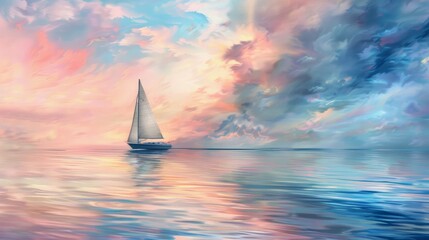 Sailing boat on serene water at sunset - obrazy, fototapety, plakaty