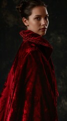 A portrait of a model draped in a luxurious velvet cloak, the rich texture highlighted by the soft studio lighting, conveying a sense of mystery and allure.
