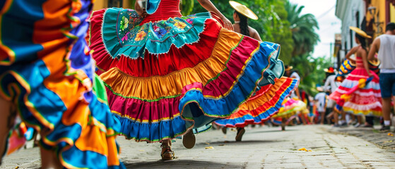 Colorful street parade featuring dancers in vibrant costumes. Crowds line the streets to watch.