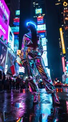bustling cityscape at night, a model stands illuminated by the neon lights, their futuristic outfit reflecting the vibrancy around them, showcasing modern urban couture.