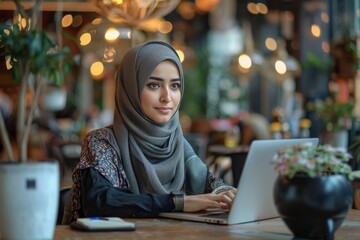 Portrait of a successful Muslim business woman in a cafe with a laptop, women in hijab, remote worker, student
