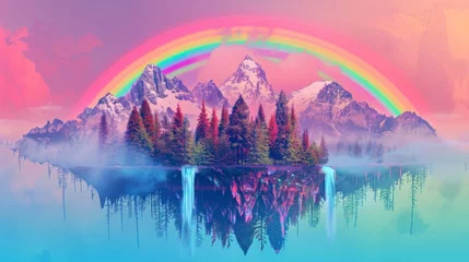Foto op Plexiglas mountain with pine trees and a floating rainbow. NEON CONCEPT © Marco