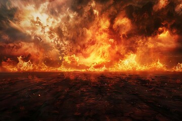 raging fire burns on barren ground dramatic inferno background digital art - obrazy, fototapety, plakaty