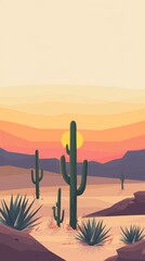 Fototapeta premium Desert landscape at sunset with cacti and mountains