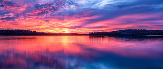 Fiery sky reflecting off tranquil waters, creating a stunning scene of natural beauty and serenity.