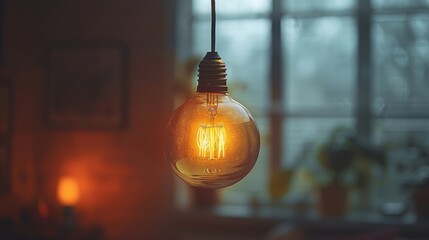Illuminated vintage Edison bulb against a blurred background