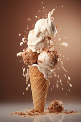 Dramatic image of a melting chocolate and vanilla ice cream cone with milk splash against a brown background.
