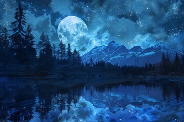 serene moonlit lake reflecting starry night sky and silhouettes of majestic mountains digital painting - obrazy, fototapety, plakaty