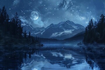 serene moonlit lake reflecting starry night sky and silhouettes of majestic mountains digital painting