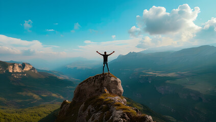 Man standing on top of a mountain peak ,hands raised, success career and ambition concept,Reach the goal , blue sky , clouds , hiker hiking to the top , sunlight,  silhouette of a person on a mountain - Powered by Adobe