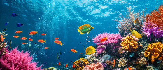 Fototapeta na wymiar Colorful coral reef bustling with life, vibrant hues of purple, blue, yellow, and green underwater.