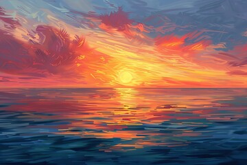 a digital painting portraying the peaceful ambiance of a sunset melting into the ocean.