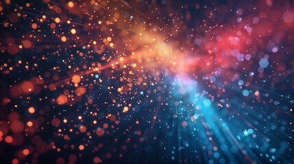 Dynamic graphic illustration of exploding stardust in a cosmic phenomenon with a colorful blend of star-like particles and light streaks. - obrazy, fototapety, plakaty