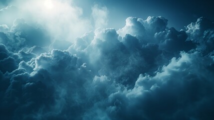 An abstract, serene cloudscape wallpaper with a calming gradient of soft blue tones highlighted by the subtle rays of sunlight peeking through. - obrazy, fototapety, plakaty
