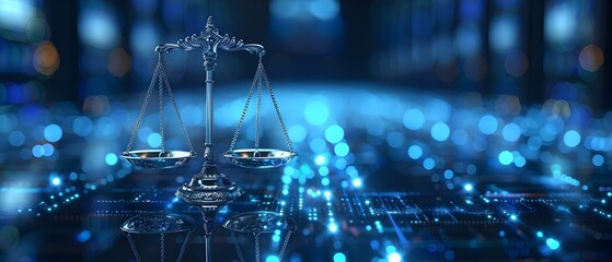 Balancing Digital Justice: Scales Amidst Blue Tech Glow. Concept Digital Ethics, Cybersecurity, Data Privacy, Online Rights, Tech Regulations - obrazy, fototapety, plakaty