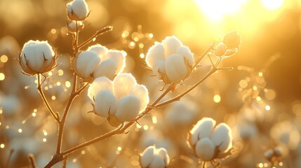 Cotton plants illuminated by golden sunset light - obrazy, fototapety, plakaty