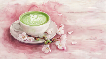 Obraz na płótnie Canvas Matcha Latte and Spring Background