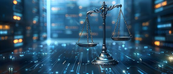 Digital Justice: Scales of Law in the Data Realm. Concept Artificial Intelligence, Legal System, Data Protection, Algorithmic Decision-Making, Digital Ethics - obrazy, fototapety, plakaty