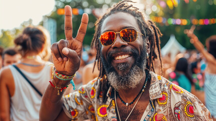 portrait of a man at music festival with peace hand sign, generative ai