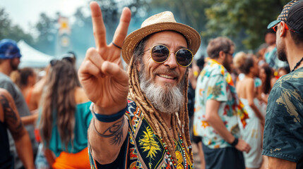 portrait of a man at music festival with peace hand sign, generative ai